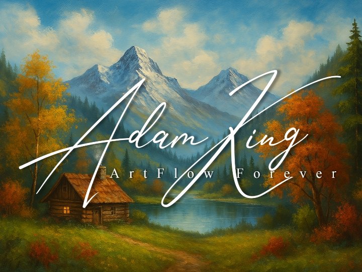Mountain cabin, autumn trees, lake