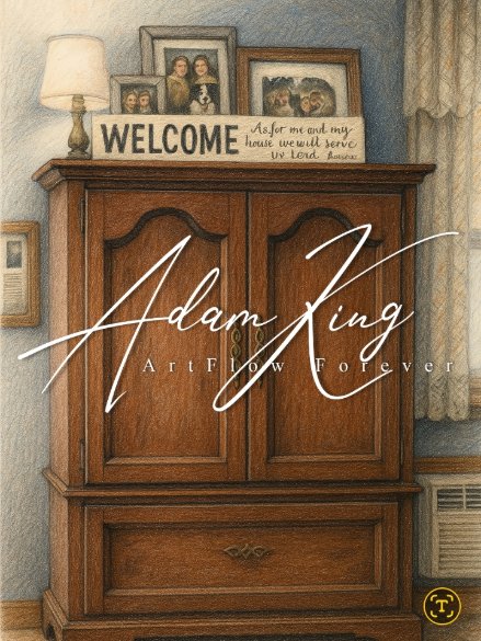 Wooden cabinet with WELCOME sign and framed photos