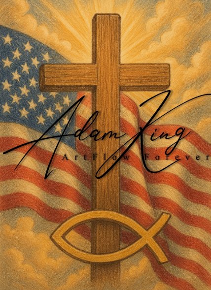 Wooden cross with American flag and fish symbol