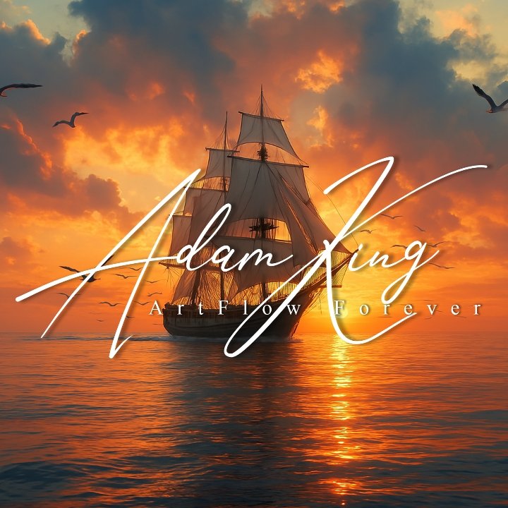 Tall ship at sunset (small distant birds in sky)