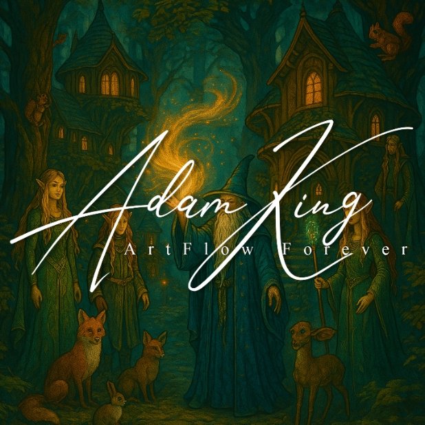Fantasy forest scene with figures and animals