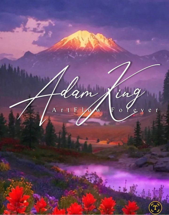 Mountain at dusk (purple), lake, red flowers