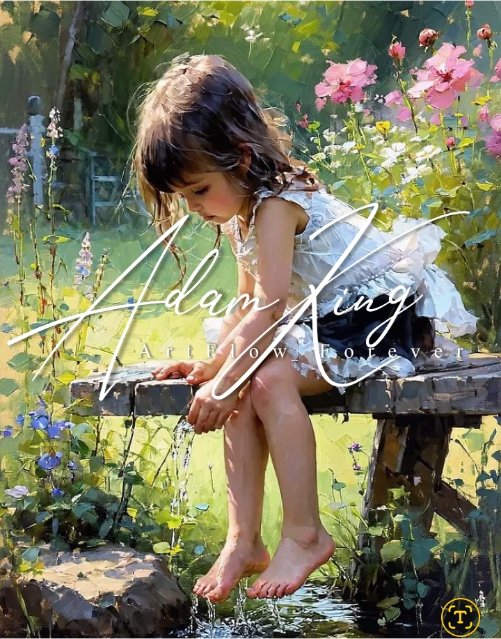 Little girl sitting by water with flowers