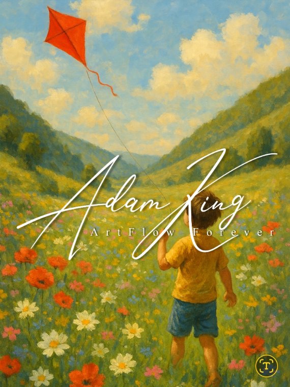 Boy flying red kite in flower field
