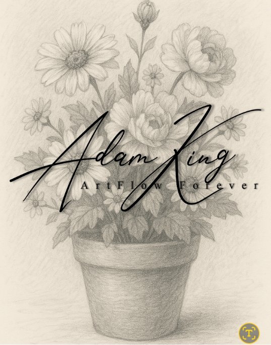 Pencil-sketch flowers in pot