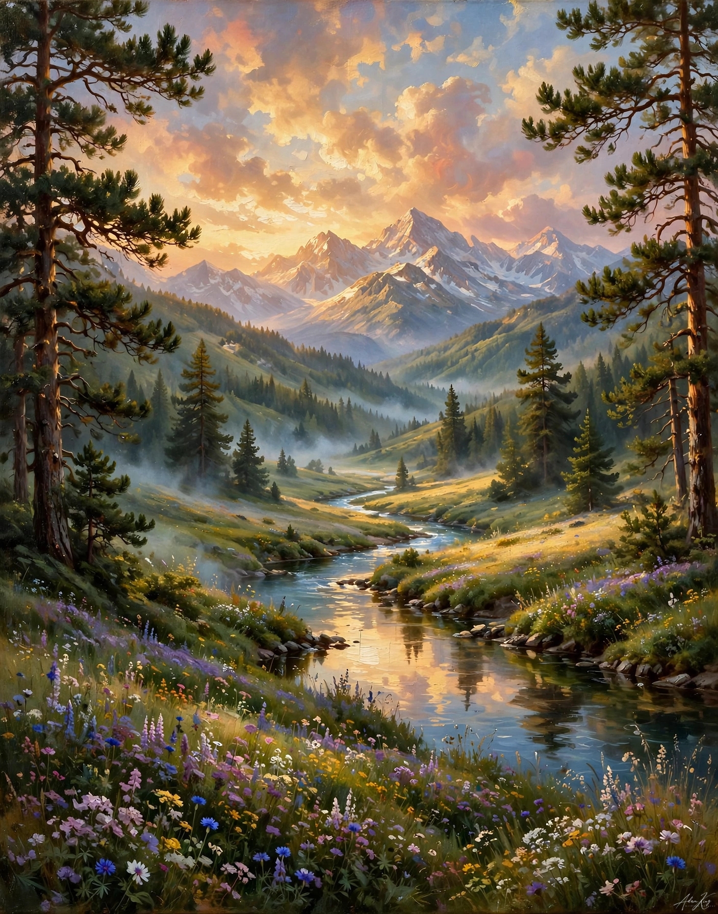 Mountain valley at golden hour with wildflower meadows and winding river