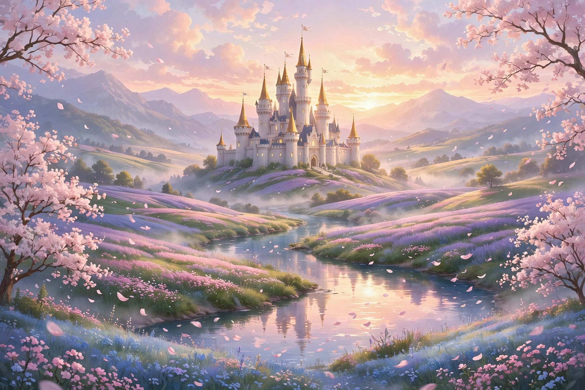 Castle Paradise: fairytale castle at sunrise with pastel sky, lavender fields and winding river