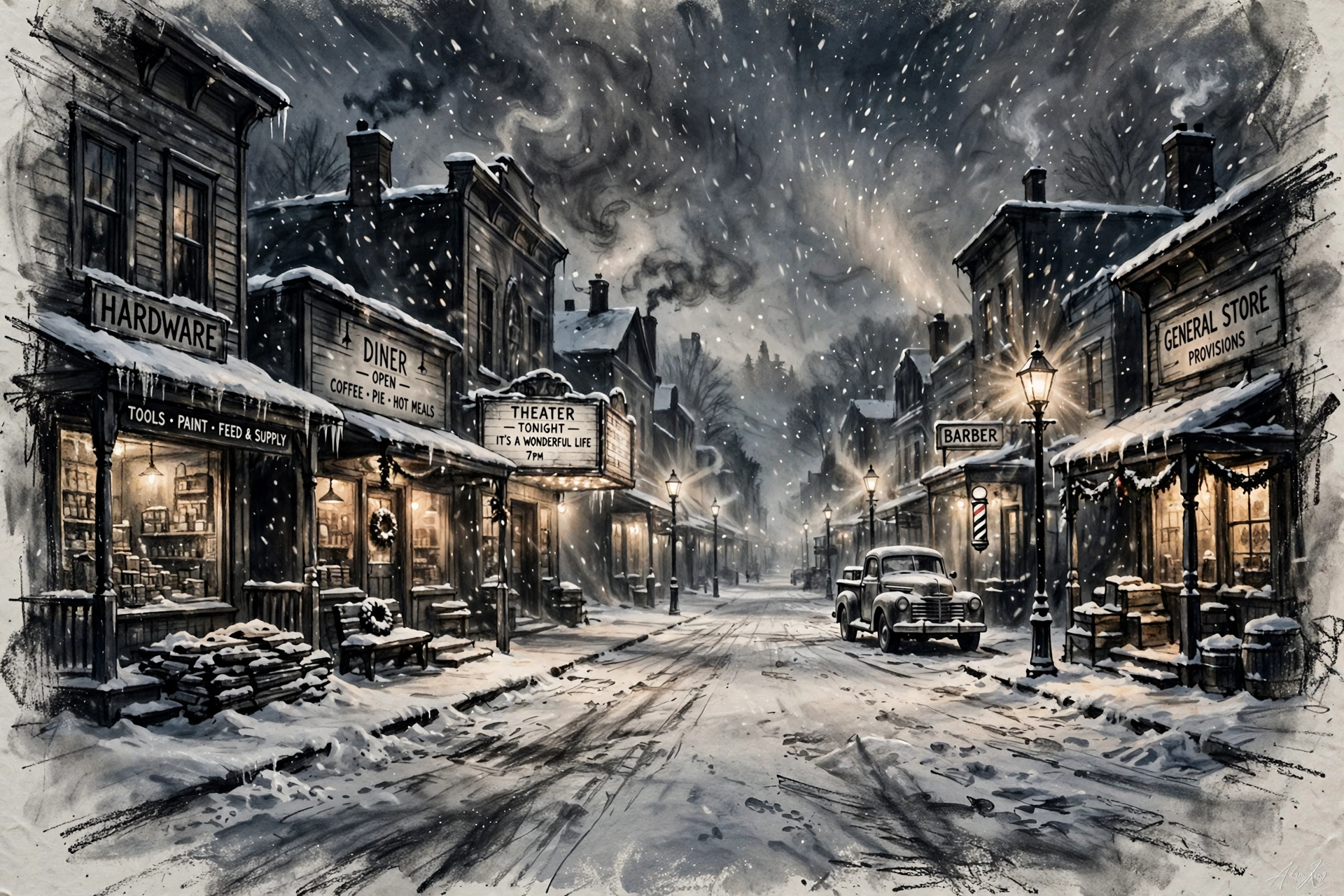 It's A Wonderful Life: snowy small-town main street in charcoal drawing style